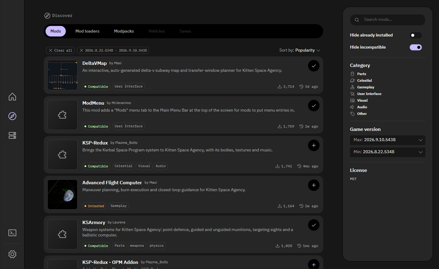 The Discover page of Borea, listing mods from the content index