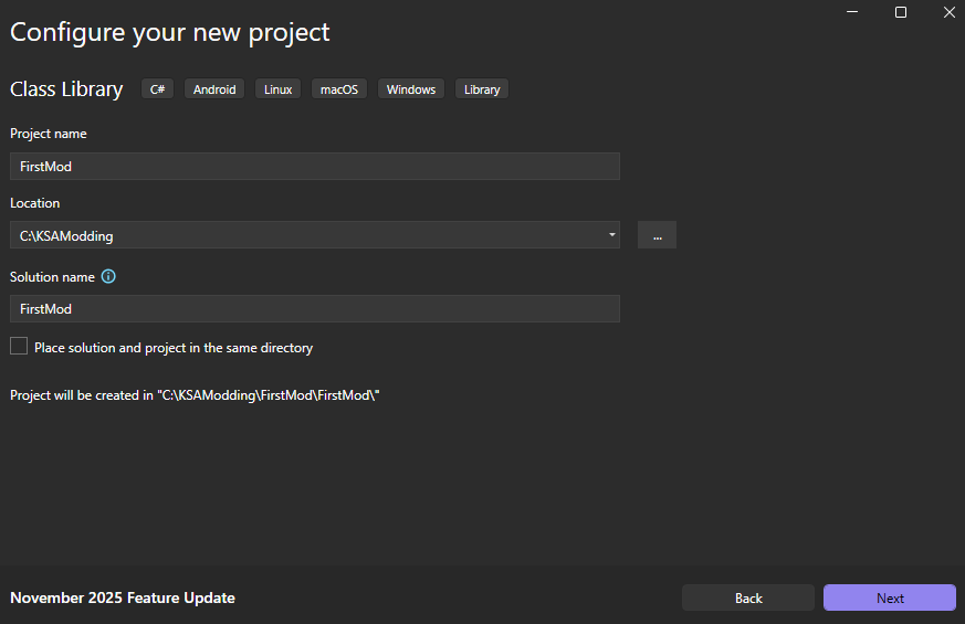 Enter FirstMod as the project name and chose a project location