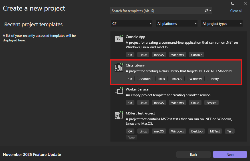 Select Class Library under C#