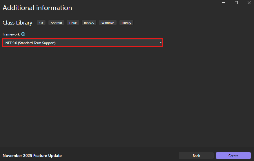 Select .NET version 9 (Standard Term Support)